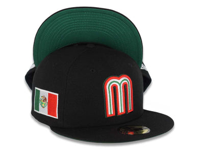 Mexico New Era WBC World Baseball Classic 59FIFTY 5950 Fitted Cap Hat Black Crown/Visor Team Color Logo With Mexico Flag Side Patch Green UV