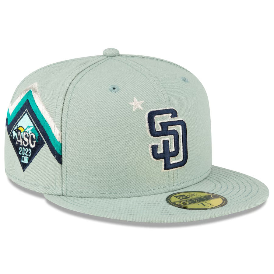 San Diego Padres New Era MLB 59FIFTY 5950 Fitted Cap Hat Mint Green Crown/Visor Navy Logo with Star 2022 All-Star Game Side Patch