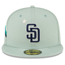 Load image into Gallery viewer, San Diego Padres New Era MLB 59FIFTY 5950 Fitted Cap Hat Mint Green Crown/Visor Navy Logo with Star 2022 All-Star Game Side Patch
