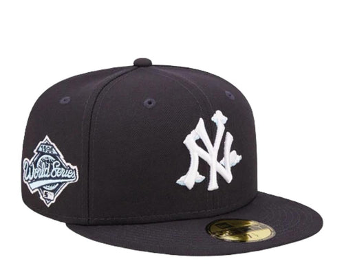 New York Yankees New Era MLB 59FIFTY 5950 Fitted Cap Hat Navy Blue Crown/Visor White with Cloud Logo 1996 World Series Side Patch Sky Blue UV