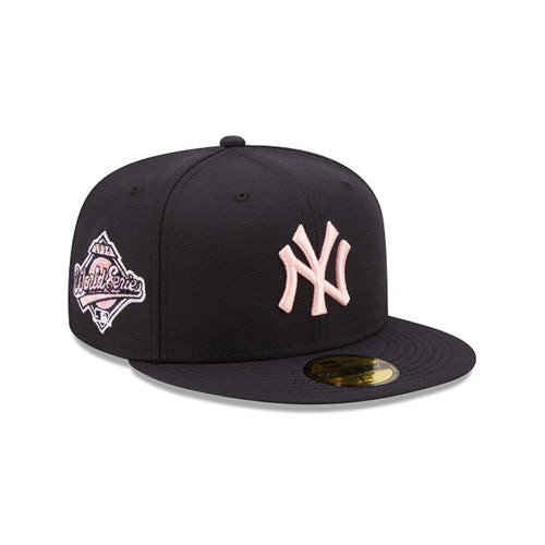 New York Yankees New Era MLB 59FIFTY 5950 Fitted Cap Hat Navy Blue Crown/Visor Pink Logo 1996 World Series Side Patch Pink UV