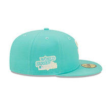 Load image into Gallery viewer, San Diego Padres New Era MLB 59FIFTY 5950 Fitted Cap Hat Light Teal/Clear Mint Crown/Visor Yellow/White Logo 1984 World Series Side Patch Yellow UV
