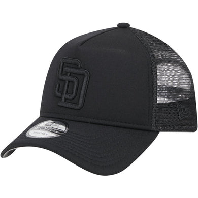 San Diego Padres New Era MLB 9FORTY 940 Adjustable A-Frame Foam Cap Hat Snap Closure Black Crown/Visor Black Logo Mesh Trucker Back