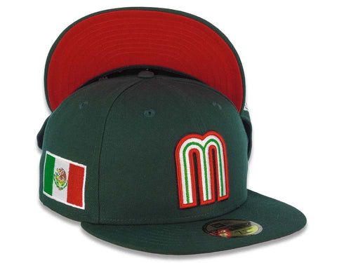 Mexico New Era WBC World Baseball Classic 59FIFTY 5950 Fitted Cap Hat Dark Green Crown/Visor White/Red/Green Logo Mexico Flag Side Patch