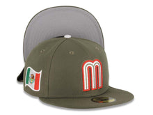 Load image into Gallery viewer, Mexico New Era WBC World Baseball Classic 59FIFTY 5950 Fitted Cap Hat Olive Green Crown/Visor White/Red/Olive Logo Mexico Flag Side Patch Gray UV
