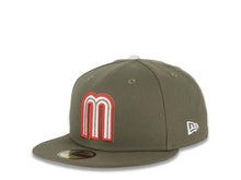 Load image into Gallery viewer, Mexico New Era WBC World Baseball Classic 59FIFTY 5950 Fitted Cap Hat Olive Green Crown/Visor White/Red/Olive Logo Mexico Flag Side Patch Gray UV
