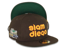 Load image into Gallery viewer, San Diego Padres New Era MLB 59FIFTY 5950 Fitted Cap Hat Brown Crown/Visor Yellow/Orange Slam Diego Script Logo Petco Park Side Patch Green UV
