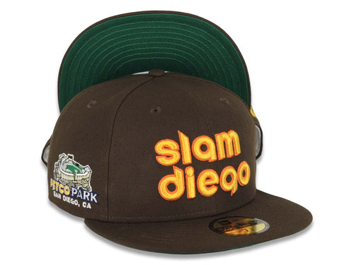 San Diego Padres New Era MLB 59FIFTY 5950 Fitted Cap Hat Brown Crown/Visor Yellow/Orange Slam Diego Script Logo Petco Park Side Patch Green UV