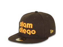 Load image into Gallery viewer, San Diego Padres New Era MLB 59FIFTY 5950 Fitted Cap Hat Brown Crown/Visor Yellow/Orange Slam Diego Script Logo Petco Park Side Patch Green UV
