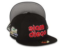 Load image into Gallery viewer, San Diego Padres New Era MLB 59FIFTY 5950 Fitted Cap Hat Black Crown/Visor Red/White Slam Diego Script Logo Petco Park Side Patch Gray UV
