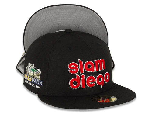 San Diego Padres New Era MLB 59FIFTY 5950 Fitted Cap Hat Black Crown/Visor Red/White Slam Diego Script Logo Petco Park Side Patch Gray UV