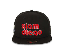 Load image into Gallery viewer, San Diego Padres New Era MLB 59FIFTY 5950 Fitted Cap Hat Black Crown/Visor Red/White Slam Diego Script Logo Petco Park Side Patch Gray UV
