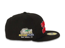 Load image into Gallery viewer, San Diego Padres New Era MLB 59FIFTY 5950 Fitted Cap Hat Black Crown/Visor Red/White Slam Diego Script Logo Petco Park Side Patch Gray UV
