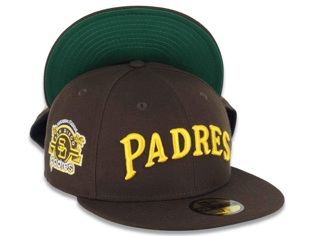 San Diego Padres New Era MLB 59FIFTY 5950 Fitted Cap Hat Brown Crown/Visor Yellow Cooperstown Script Logo Stadium Side Patch Green UV