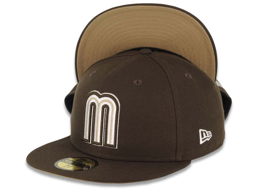 Mexico New Era WBC World Baseball Classic 59FIFTY 5950 Fitted Cap Hat Brown Crown/Visor White/Brown Khaki Logo Khaki UV