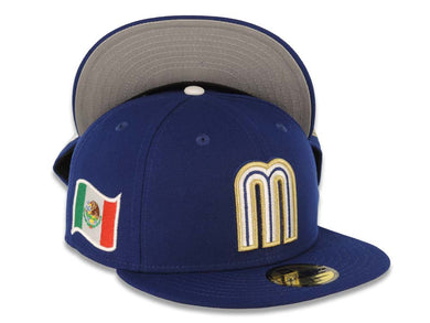 Mexico New Era WBC World Baseball Classic 59FIFTY 5950 Fitted Cap Hat Royal Blue Crown/Visor White/Metallic Gold Logo Mexico Flag Side Patch