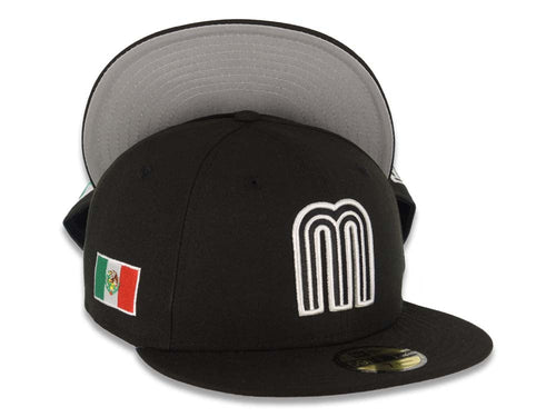 Mexico New Era WBC World Baseball Classic 59FIFTY 5950 Fitted Cap Hat Black Crown/Visor Black/White Logo Mexico Flag Side Patch Gray UV