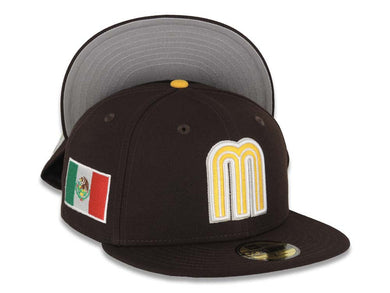 Mexico New Era WBC World Baseball Classic 59FIFTY 5950 Fitted Cap Hat Dark Brown Crown/Visor Yellow/White Logo Mexico Flag Side Patch Gray UV