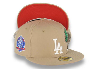 Los Angeles Dodgers New Era MLB 59FIFTY 5950 Fitted Cap Hat Khaki Crown/Visor White With Palm Trees Logo 60th Anniversary Side Patch Red UV