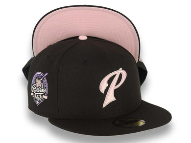San Diego Padres New Era MLB 59FIFTY 5950 Fitted Cap Hat Black Crown/Visor Pink/White P Script Logo 40th Anniversary Side Patch Pink UV