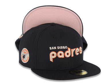 San Diego Padres New Era MLB 59FIFTY 5950 Fitted Cap Hat Navy Blue Crown/Visor Metallic Silver/Orange Logo 1978 All-Star Game Side Patch Pink UV