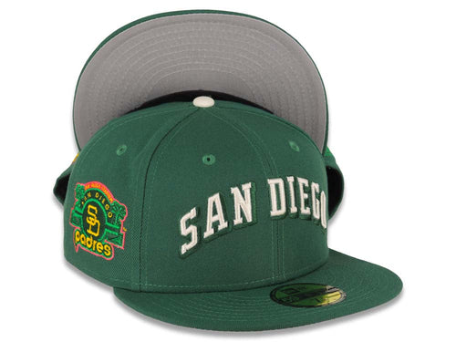 San Diego Padres New Era MLB 59FIFTY 5950 Fitted Cap Hat Green Crown/Visor Cream/Aqau Script Logo Stadium Side Patch Gray UV (Swap Meet 2.0)