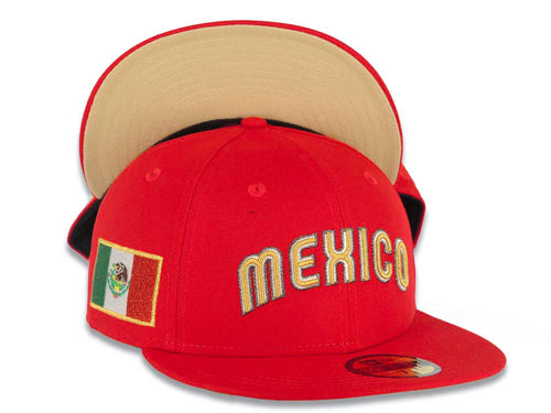 Mexico New Era WBC World Baseball Classic 59FIFTY 5950 Fitted Cap Hat Red Crown/Visor Metallic Gold/White/ Silver Logo Mexico Flag Side Patch