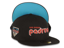 Load image into Gallery viewer, San Diego Padres New Era MLB 59FIFTY 5950 Fitted Cap Hat Black Crown/Visor Metallic Red/White Script Logo Petco Park Side Patch Aqua UV
