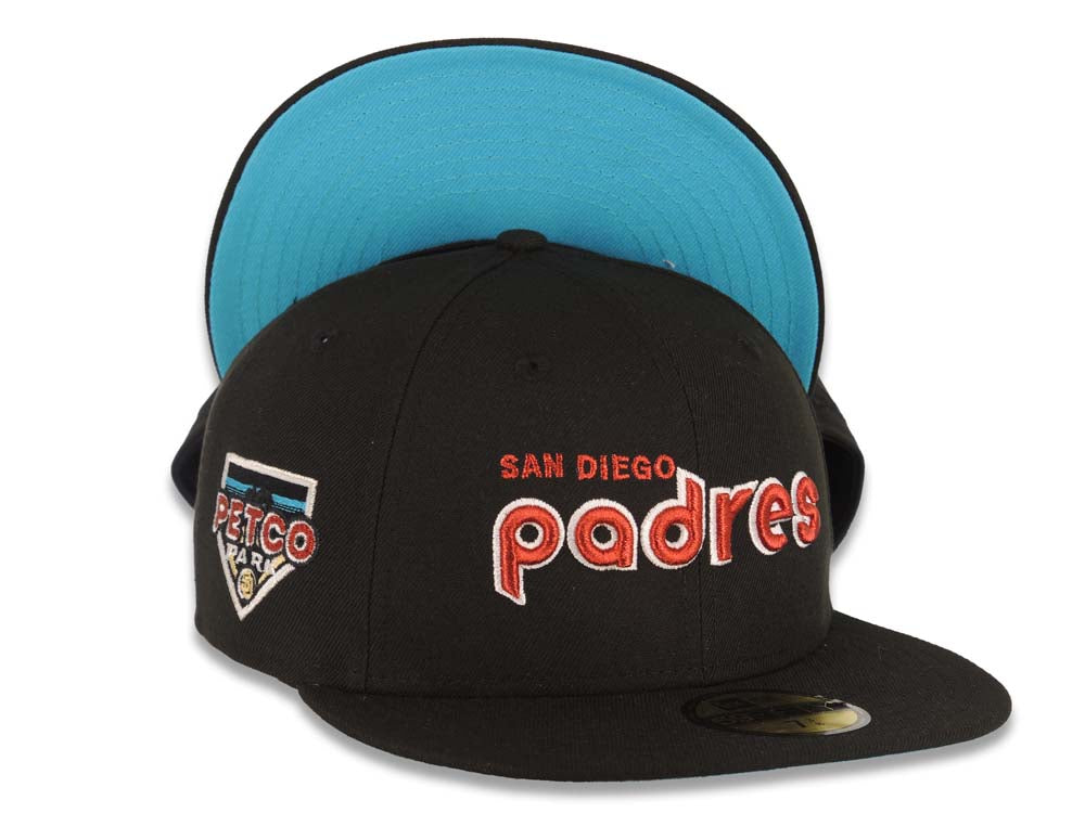 San Diego Padres New Era MLB 59FIFTY 5950 Fitted Cap Hat Black Crown/Visor Metallic Red/White Script Logo Petco Park Side Patch Aqua UV