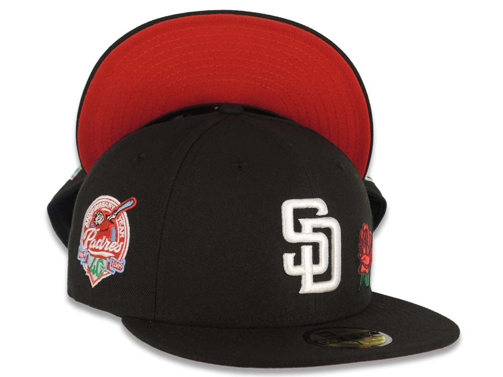 San Diego Padres New Era MLB 59FIFTY 5950 Fitted Cap Hat Black Crown/Visor White Logo With Rose 40th Anniversary Side Patch