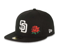 Load image into Gallery viewer, San Diego Padres New Era MLB 59FIFTY 5950 Fitted Cap Hat Black Crown/Visor White Logo With Rose 40th Anniversary Side Patch
