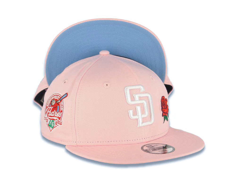 (Youth) San Diego Padres New Era MLB 9FIFTY 950 Kid Snapback Cap Hat Pink Crown/Visor White Logo With Rose 40th Anniversary Side Patch Sky Blue UV