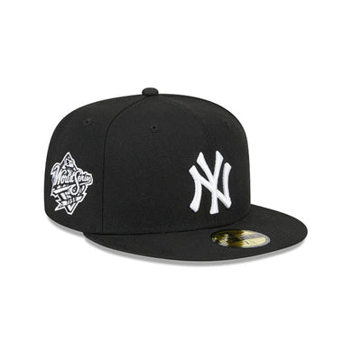 New York Yankees New Era MLB 59FIFTY 5950 Fitted Cap Hat Black Crown/Visor White Logo 1998 World Series Side Patch Gray UV