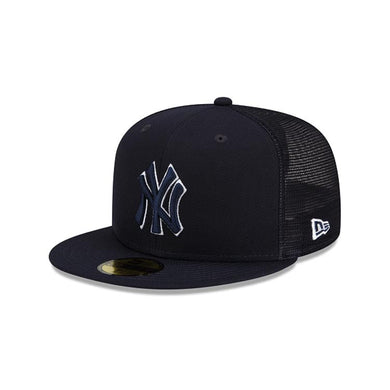 New York Yankees New Era MLB 59FIFTY 5950 Fitted Trucker Mesh Cap Hat Navy Blue Crown/Visor Navy Blue Logo Gray UV