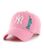 Load image into Gallery viewer, New York Yankees &#39;47 Brand MLB Clean Up Adjustable Cap Hat Pink Crown/Visor White Logo with Statue of LibertyApple Back Logo
