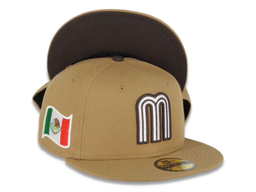 Mexico New Era 59FIFTY 5950 Fitted Cap Hat Wheat Crown/Visor Cream/Brown Logo Mexico Flag Side Patch Brown UV