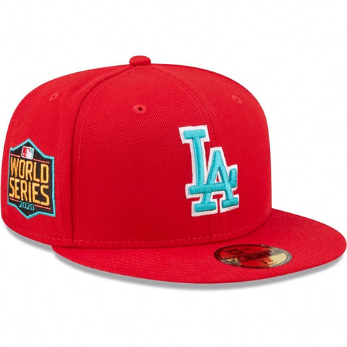 Los Angeles Dodgers New Era MLB 59FIFTY 5950 Fitted Cap Hat Red Crown/Visor Teal/White Logo 2020 World Series Side Patch Teal UV