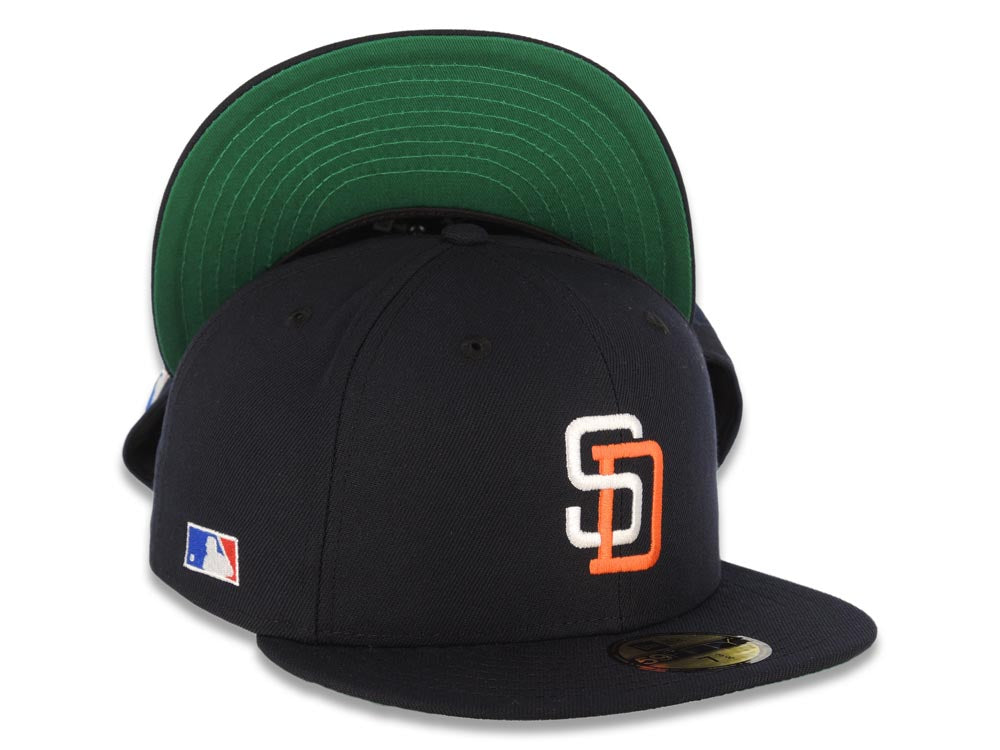 San Diego Padres New Era MLB 59FIFTY 5950 Fitted Cap Hat Navy Blue Crown/Visor White/Orange Flat Stitching SD Logo Batterman Batty Side Patch