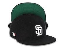 Load image into Gallery viewer, (Corduroy) San Diego Padres New Era MLB 59FIFTY 5950 Fitted Cap Hat Black Crown/Visor White Logo Batterman Batty Side Patch Green UV
