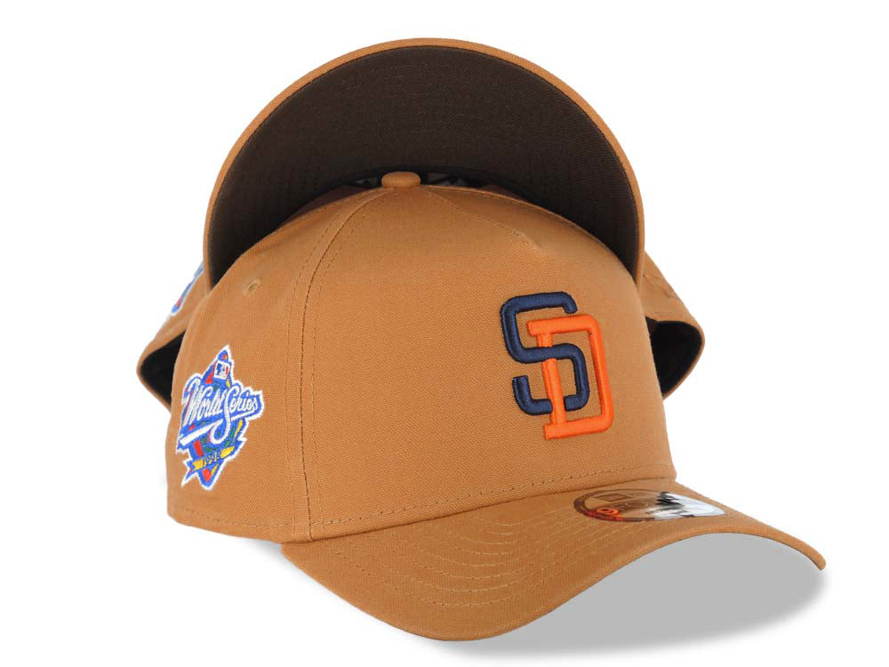San Diego Padres New Era MLB 9FORTY 940 Adjustable Cap Hat Light Brown Crown/Visor Navy Blue/Orange Logo 1998 World Series Side Patch Brown UV