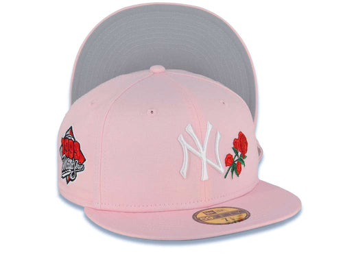 New York Yankees New Era MLB 59FIFTY 5950 Fitted Cap Hat Pink Crown/Visor White with Rose Logo 1999 World Series Side Patch Gray UV