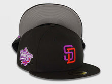 Load image into Gallery viewer, San Diego Padres New Era MLB 59FIFTY 5950 Fitted Cap Hat Black Crown/Visor Purple/Red Logo 1998 World Series Side Patch Gray UV
