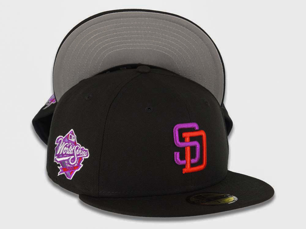San Diego Padres New Era MLB 59FIFTY 5950 Fitted Cap Hat Black Crown/Visor Purple/Red Logo 1998 World Series Side Patch Gray UV