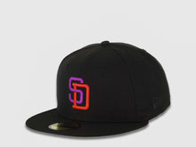 Load image into Gallery viewer, San Diego Padres New Era MLB 59FIFTY 5950 Fitted Cap Hat Black Crown/Visor Purple/Red Logo 1998 World Series Side Patch Gray UV
