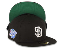 Load image into Gallery viewer, San Diego Padres New Era MLB 59FIFTY 5950 Fitted Cap Hat Black Crown/Visor White Logo 1998 World Series Side Patch Green UV
