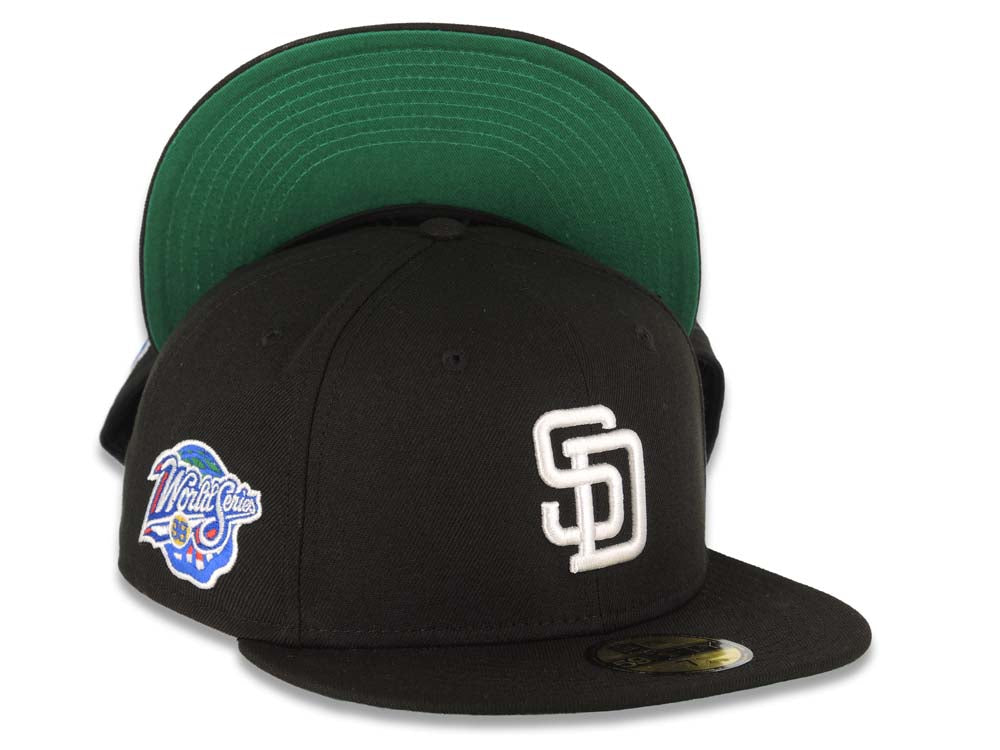 San Diego Padres New Era MLB 59FIFTY 5950 Fitted Cap Hat Black Crown/Visor White Logo 1998 World Series Side Patch Green UV