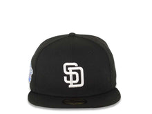 Load image into Gallery viewer, San Diego Padres New Era MLB 59FIFTY 5950 Fitted Cap Hat Black Crown/Visor White Logo 1998 World Series Side Patch Green UV
