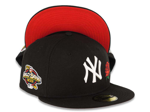 New York Yankees New Era MLB 59FIFTY 5950 Fitted Cap Hat Black Crown/Visor White Logo With Rose 2001 World Series Side Patch Red UV
