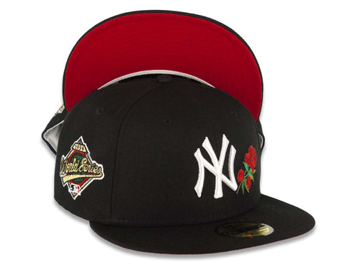 New York Yankees New Era MLB 59FIFTY 5950 Fitted Cap Hat Black Crown/Visor White Logo With Roses 1996 World Series Side Patch Red UV