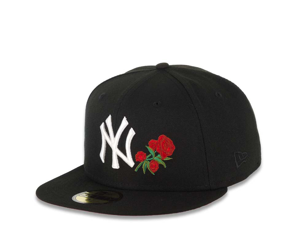 New York Yankees New Era MLB 59FIFTY 5950 Fitted Cap Hat Black Crown/Visor  White Logo With Roses 1996 World Series Side Patch Red UV